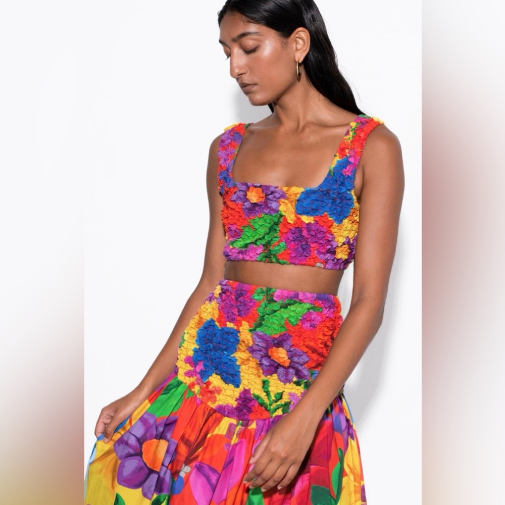 Mara Hoffman Popcorn Set Bright Floral Smocked Skirt Crop Top